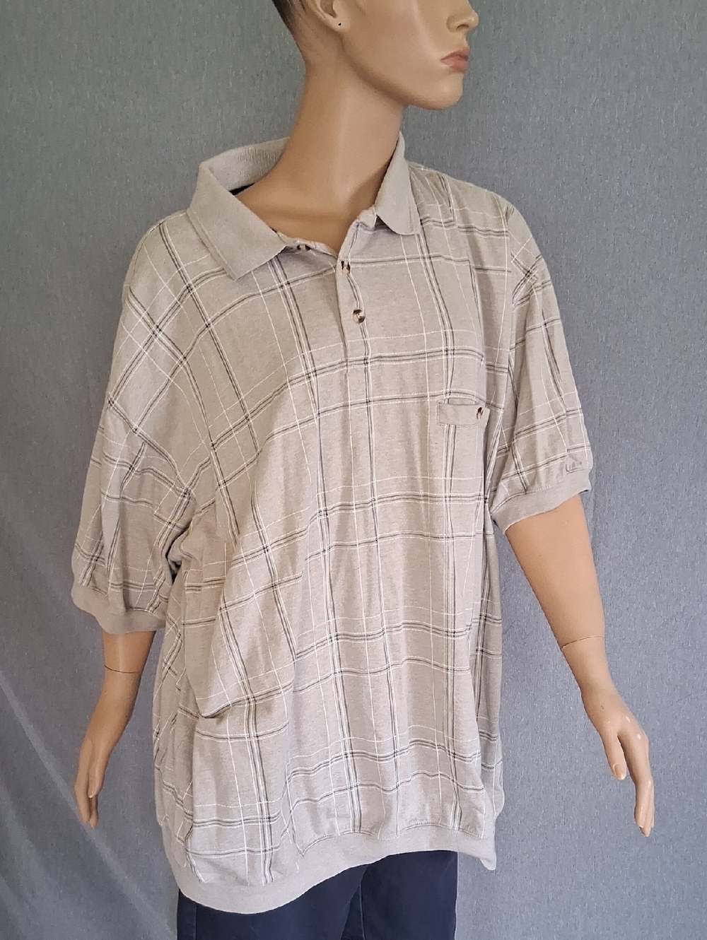 Harbor Bay Beige Plaid Short-Sleeve Polo